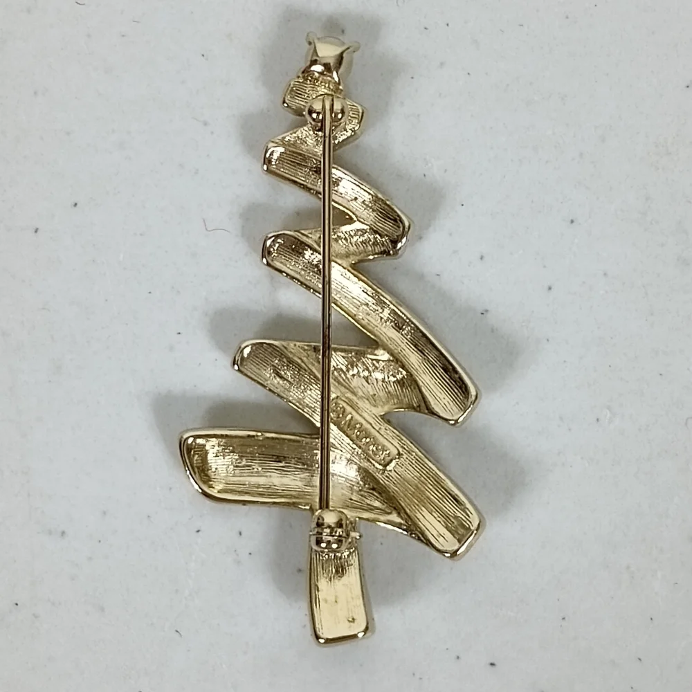 Monet Christmas Tree Brooch Pin Gold Tone Rhinestones Abstract Marked Vintage